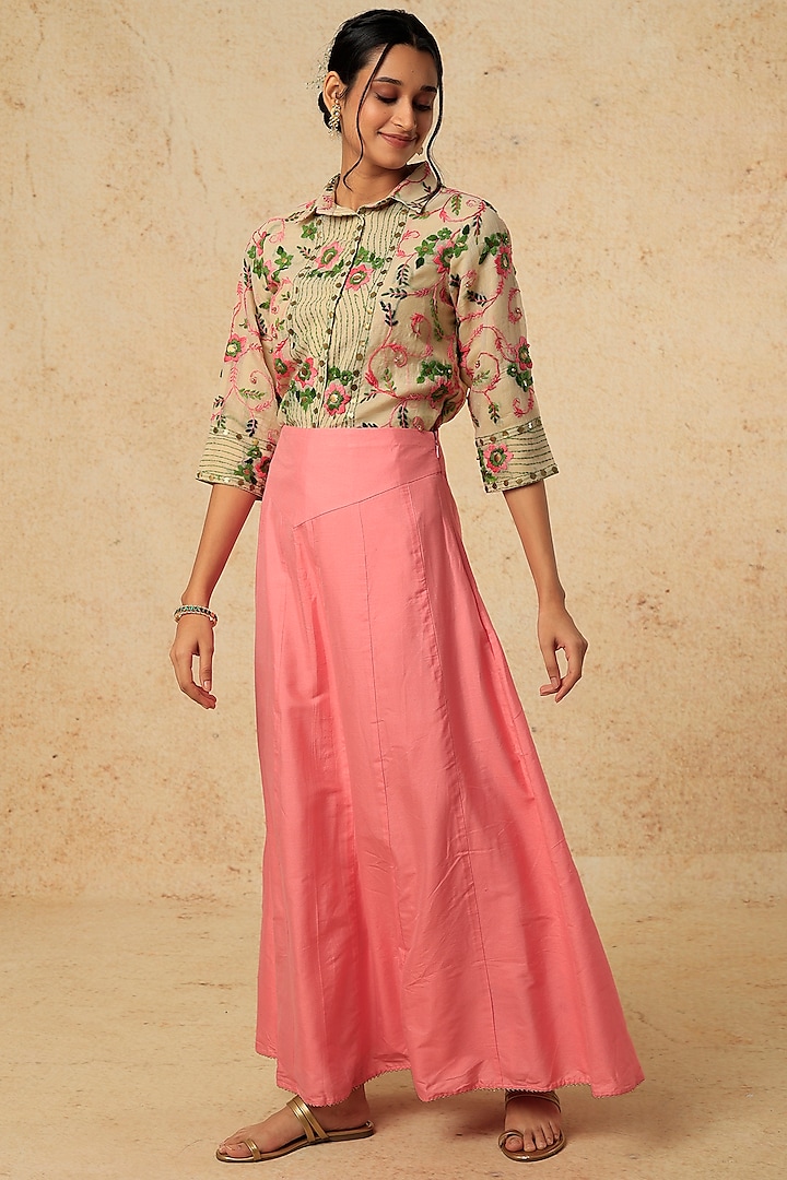 Blush Pink Cotton Silk Skirt Set by Pehnaav