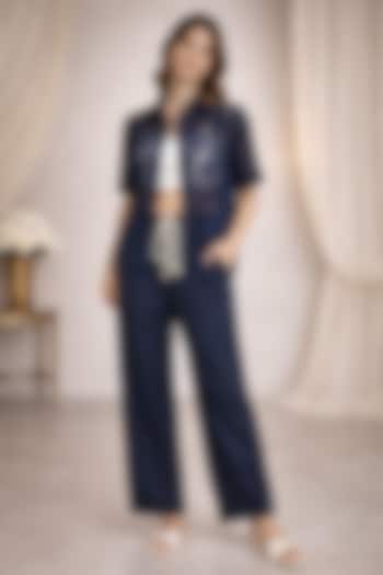 Navy Blue Linen Co-Ord Set by PEHR ARORA at Pernia's Pop Up Shop