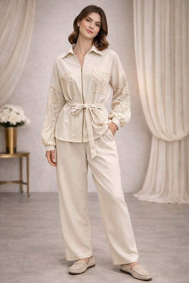 Cream Banana Crepe Co-Ord Set by PEHR ARORA at Pernia's Pop Up Shop