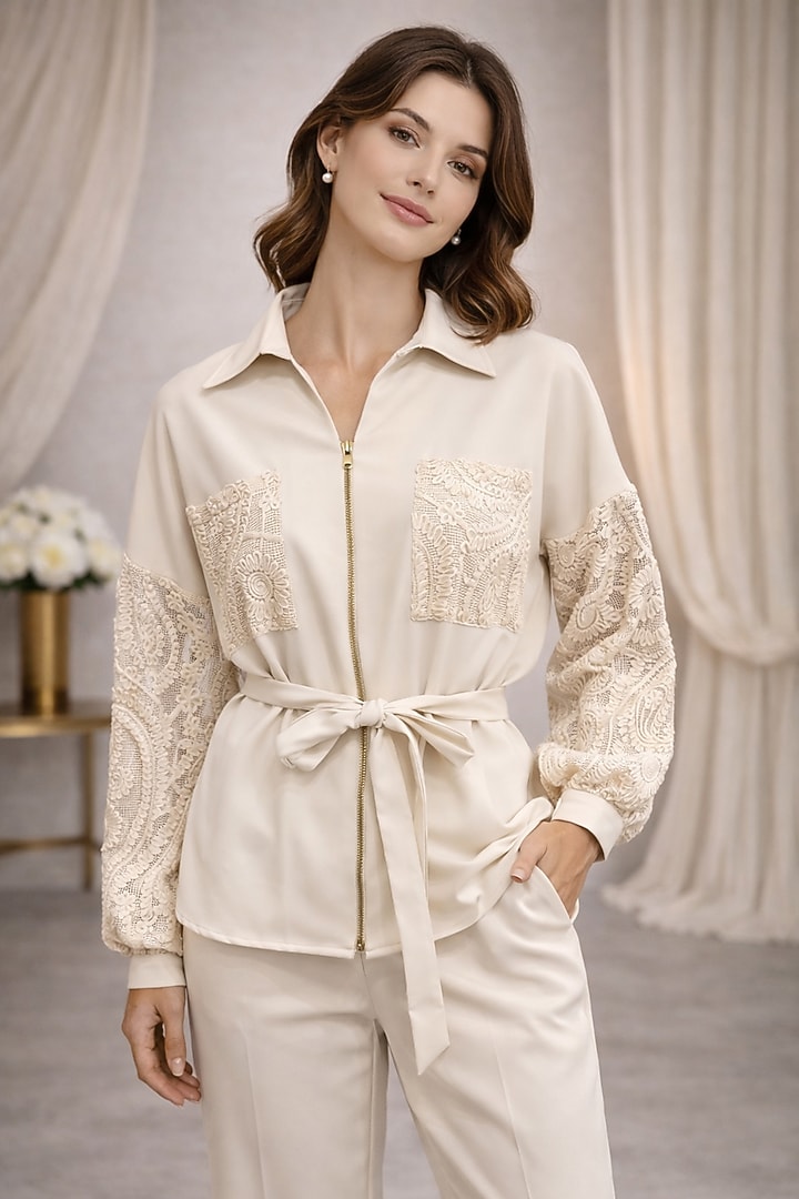 Cream Banana Crepe Co-Ord Set by PEHR ARORA at Pernia's Pop Up Shop