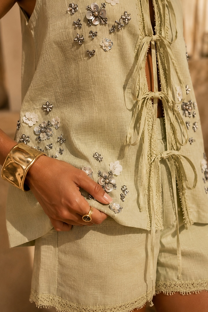Mint Green Linen Hand Embroidered Co-Ord Set by PEHR ARORA at Pernia's Pop Up Shop
