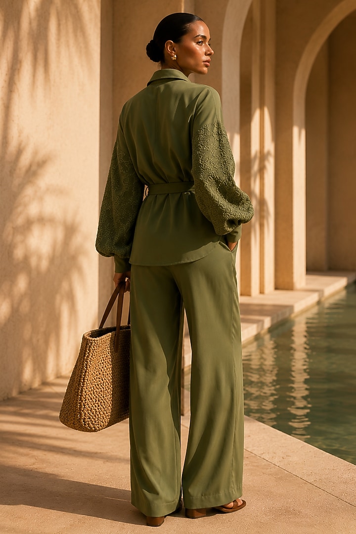 Olive Green Banana Crepe Co-Ord Set by PEHR ARORA at Pernia's Pop Up Shop