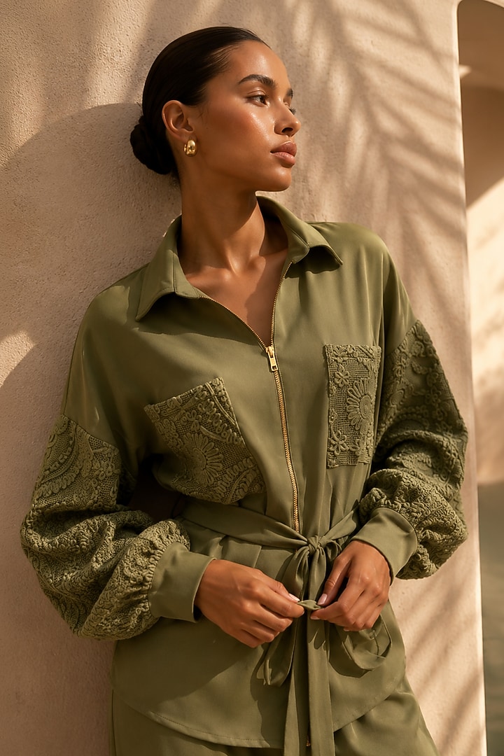 Olive Green Banana Crepe Co-Ord Set by PEHR ARORA at Pernia's Pop Up Shop