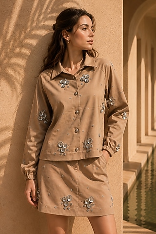 Dark Beige Denim Hand Embroidered Skirt Set by PEHR ARORA