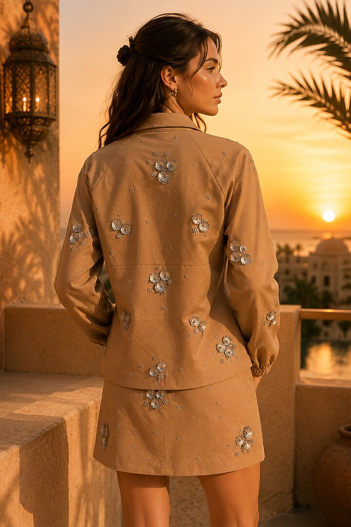Dark Beige Denim Hand Embroidered Skirt Set by PEHR ARORA at Pernia's Pop Up Shop