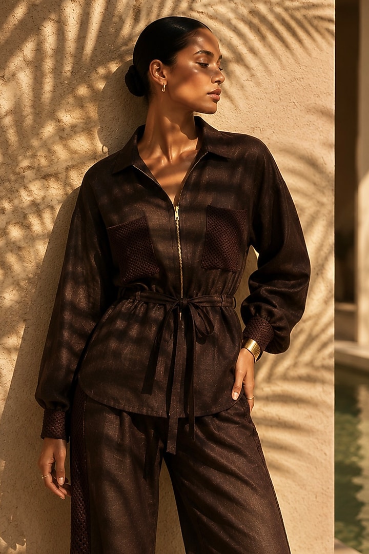 Chocolate Brown Linen Co-Ord Set by PEHR ARORA at Pernia's Pop Up Shop