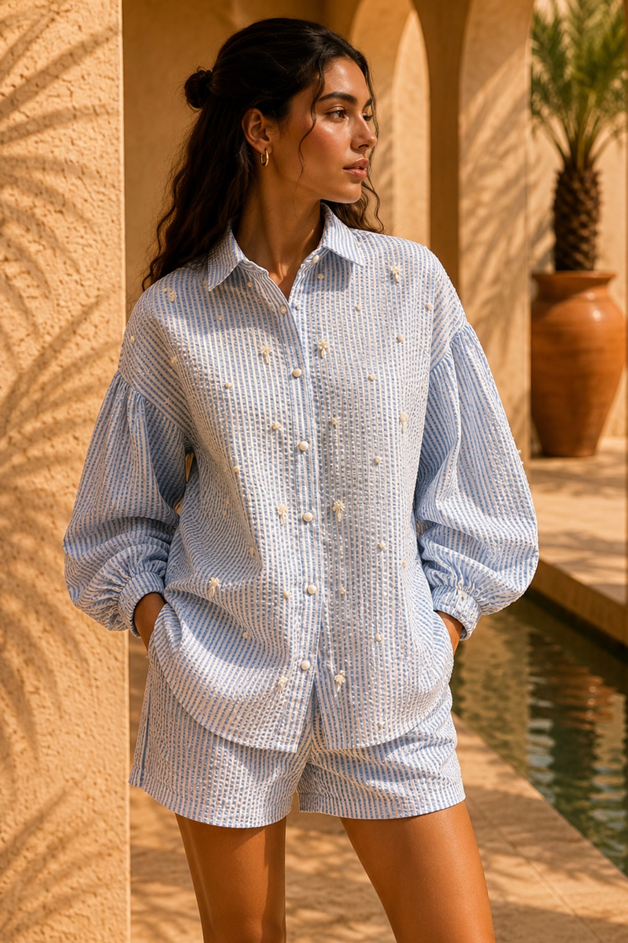 PEHR ARORA Sky Blue Cotton Blend Pearl Embroidered Striped Co-Ord Set
