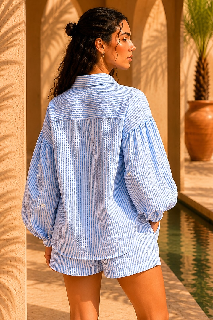 Sky Blue Cotton Blend Pearl Embroidered Striped Co-Ord Set by PEHR ARORA at Pernia's Pop Up Shop