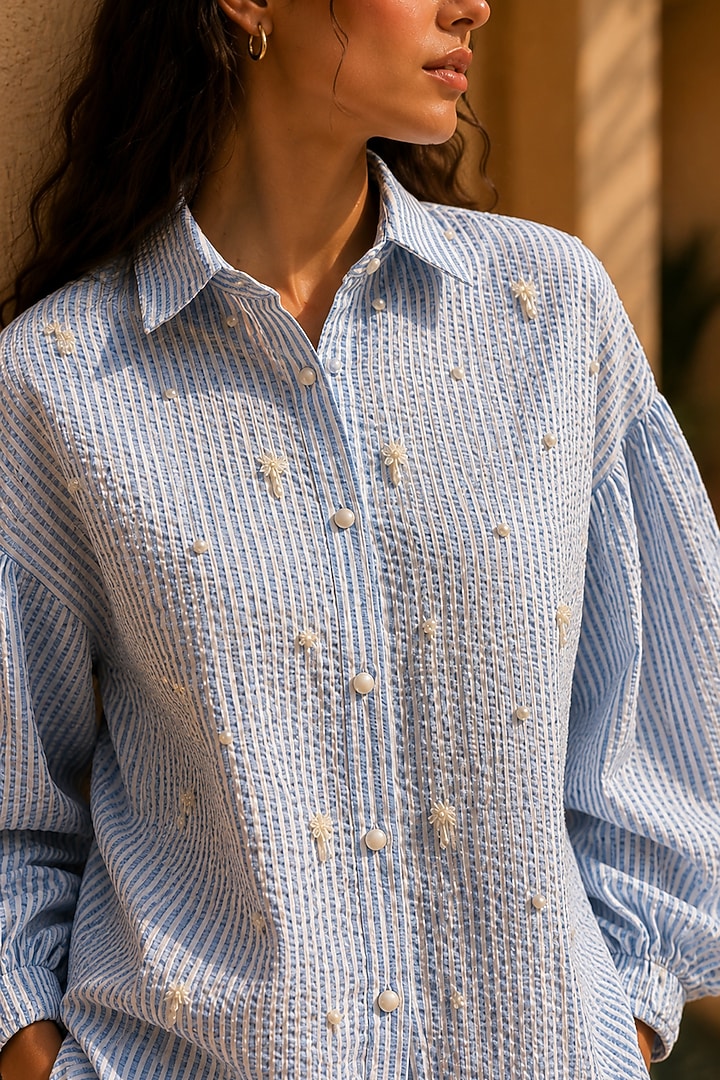 Sky Blue Cotton Blend Pearl Embroidered Striped Co-Ord Set by PEHR ARORA at Pernia's Pop Up Shop