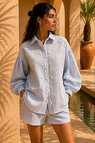 Sky Blue Cotton Blend Striped Hand Embroidered Shirt by PEHR ARORA