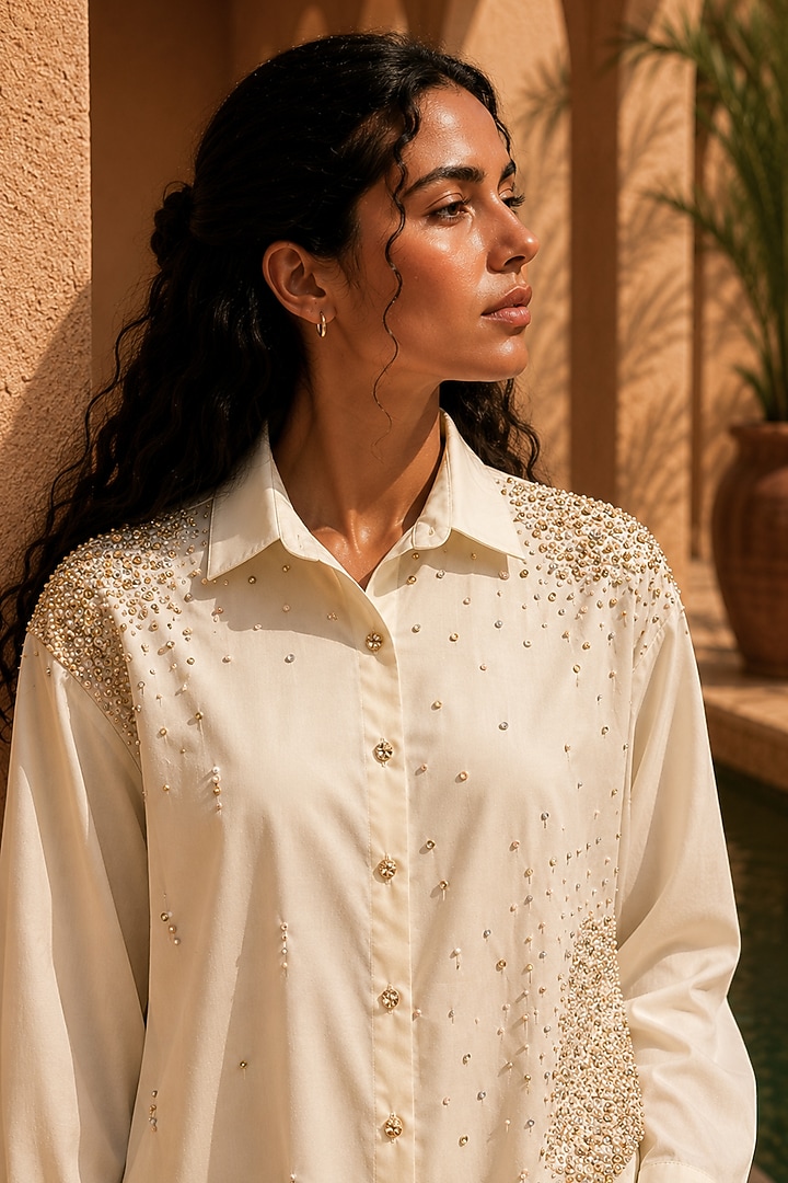 Cream Acetate Hand Embellished Shirt by PEHR ARORA at Pernia's Pop Up Shop
