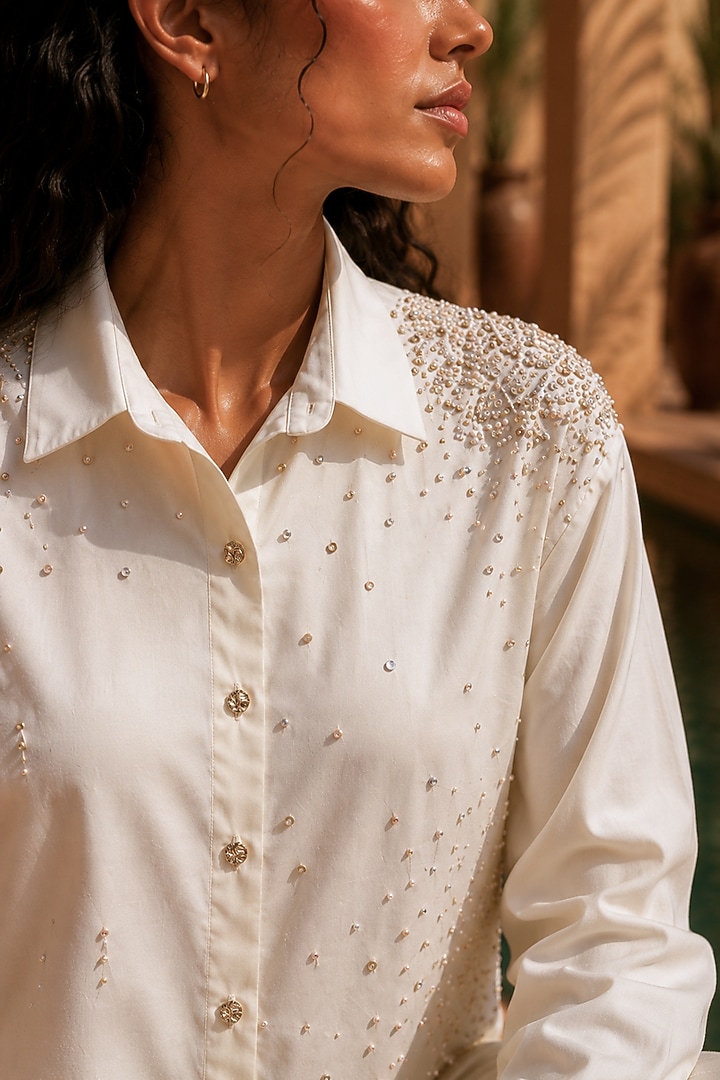 Cream Acetate Hand Embellished Shirt by PEHR ARORA at Pernia's Pop Up Shop