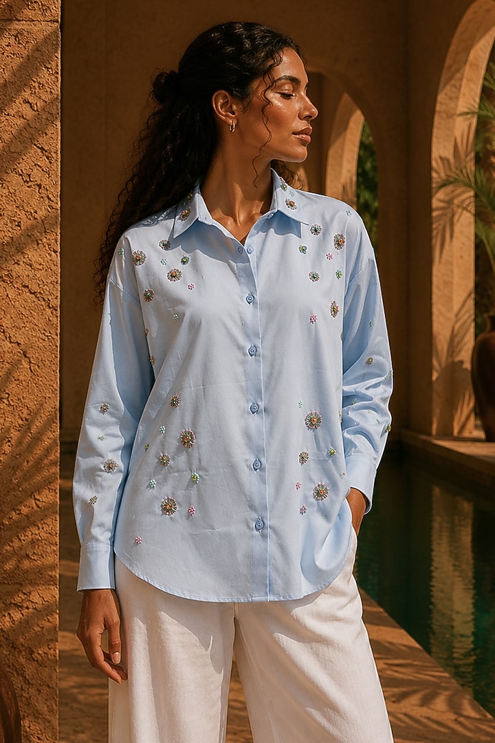 Sky Blue Cotton Hand Embroidered Shirt by PEHR ARORA at Pernia's Pop Up Shop