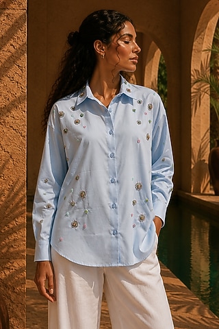 Sky Blue Cotton Hand Embroidered Shirt by PEHR ARORA