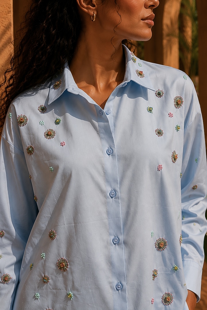 Sky Blue Cotton Hand Embroidered Shirt by PEHR ARORA at Pernia's Pop Up Shop