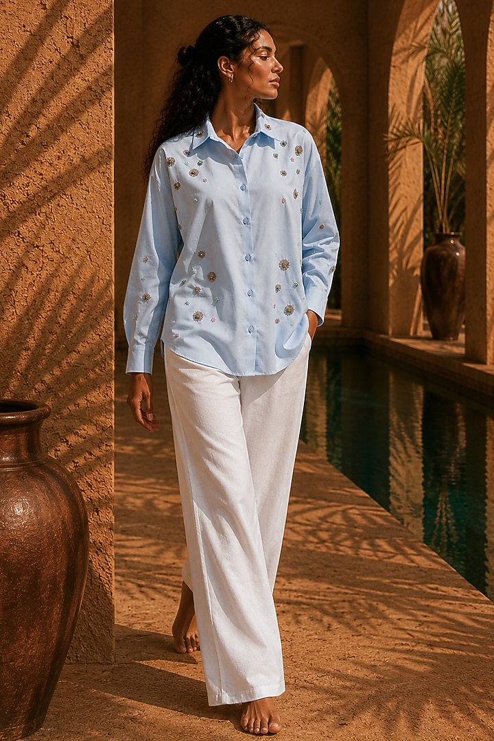 Sky Blue Cotton Hand Embroidered Shirt by PEHR ARORA at Pernia's Pop Up Shop