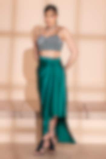 Emerald Green Satin Asymmetrical Draped Skirt Set by PEHR ARORA at Pernia's Pop Up Shop