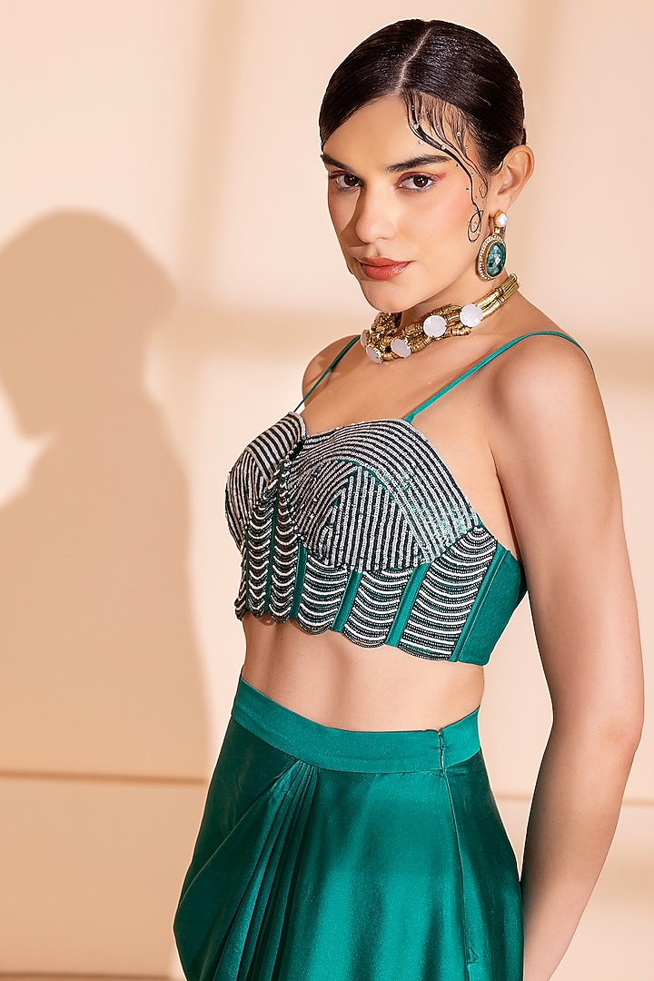 Emerald Green Satin Asymmetrical Draped Skirt Set by PEHR ARORA at Pernia's Pop Up Shop