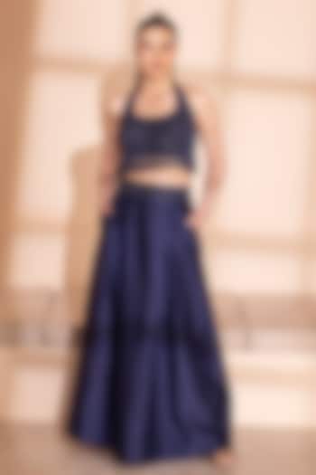 Navy Blue Silk Dupion Flared Skirt Set by PEHR ARORA at Pernia's Pop Up Shop