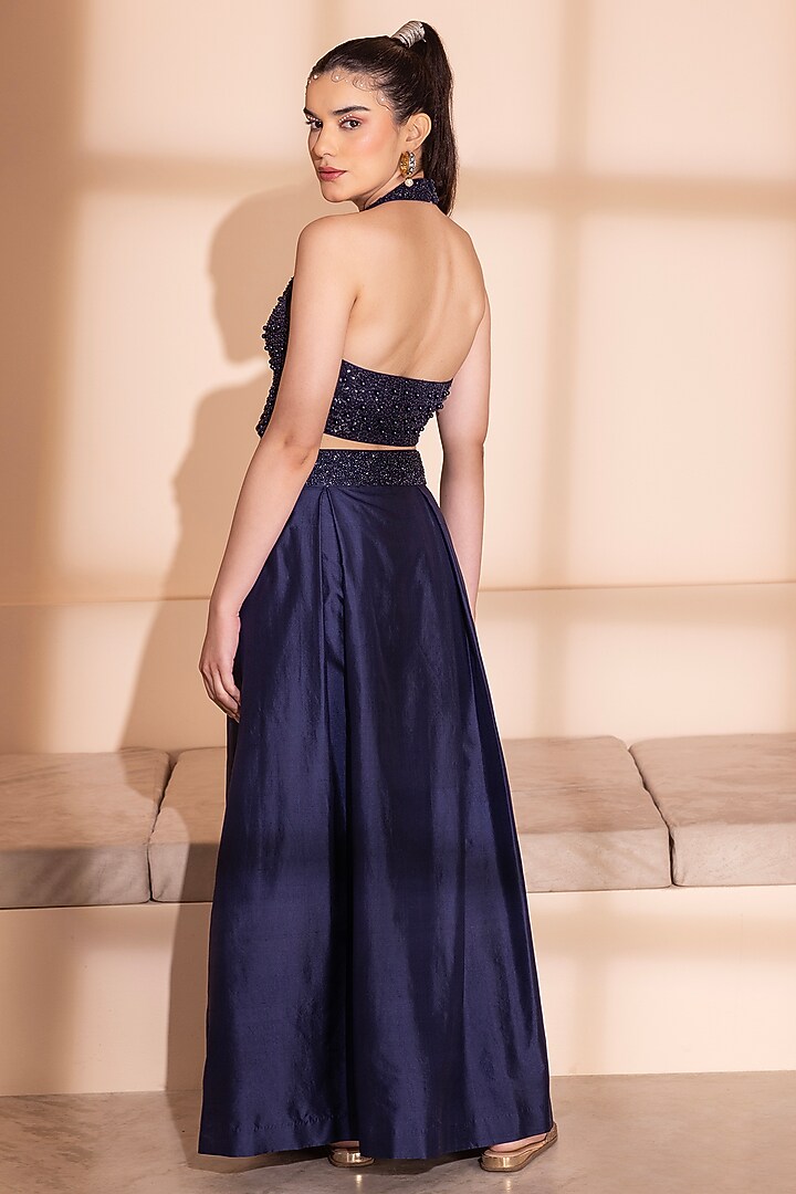 Navy Blue Silk Dupion Flared Skirt Set by PEHR ARORA at Pernia's Pop Up Shop