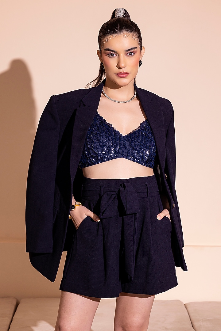 Navy Blue Knit Oversized Blazer Set by PEHR ARORA at Pernia's Pop Up Shop