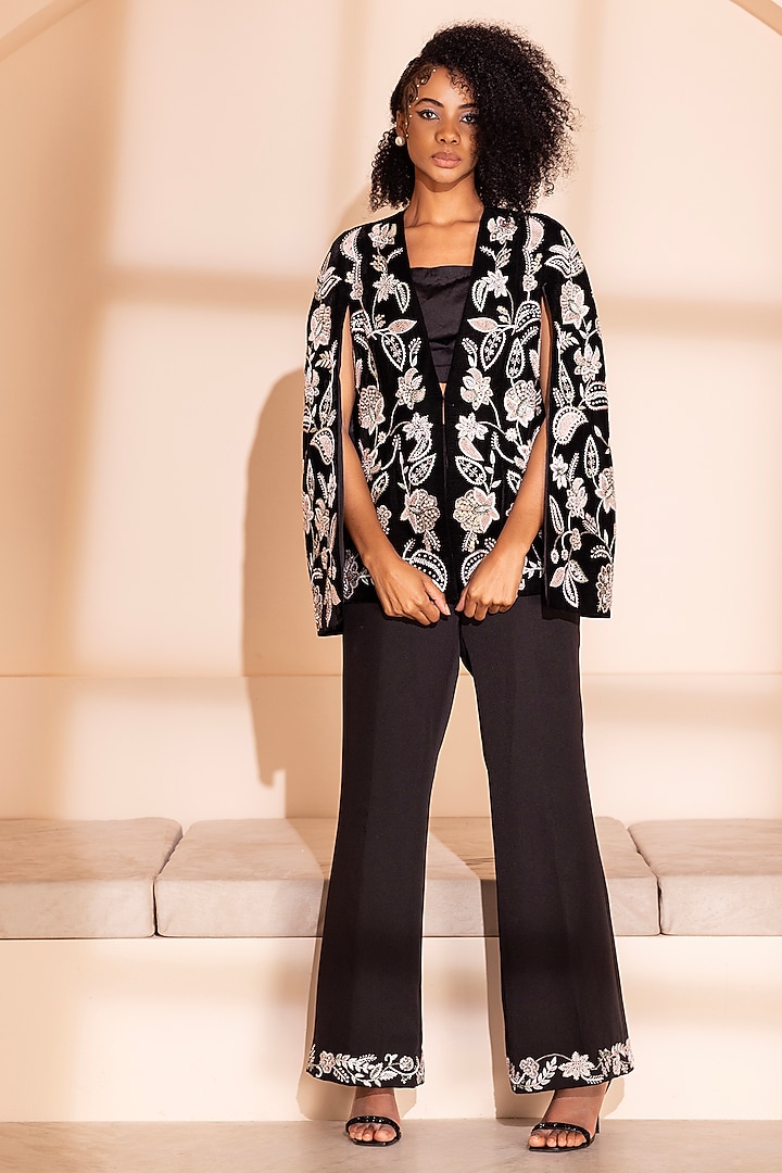 Black Velvet Floral Embroidered Cape Set by PEHR ARORA at Pernia's Pop Up Shop