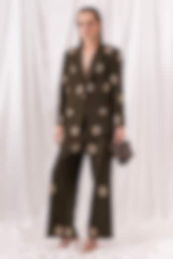 Olive Green Banana Crepe Hand Embroidered Pant Set by PEHR ARORA at Pernia's Pop Up Shop