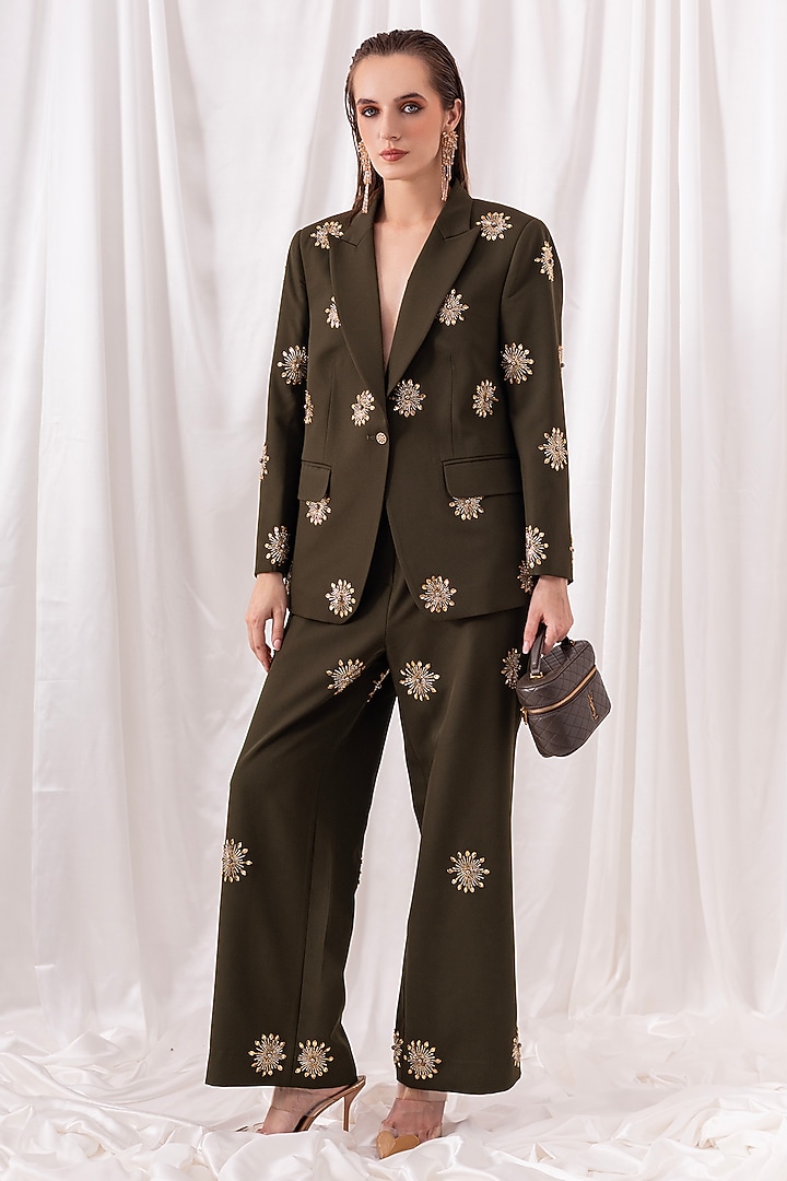 Olive Green Banana Crepe Hand Embroidered Pant Set by PEHR ARORA at Pernia's Pop Up Shop