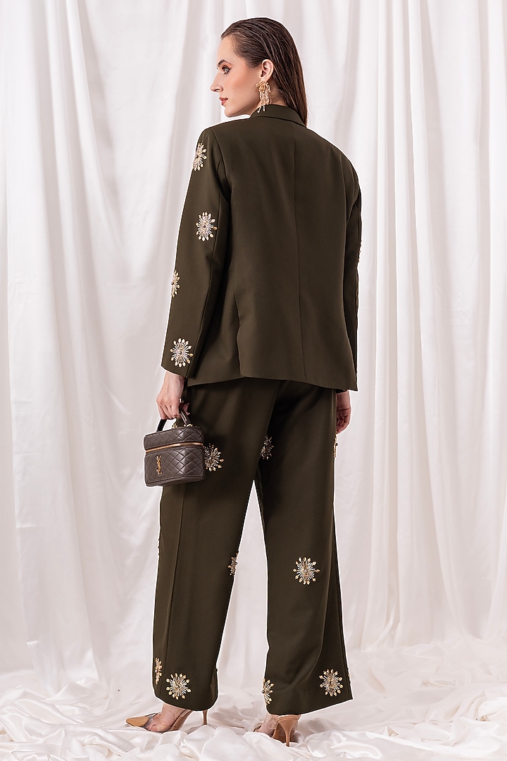 Olive Green Banana Crepe Hand Embroidered Pant Set by PEHR ARORA at Pernia's Pop Up Shop