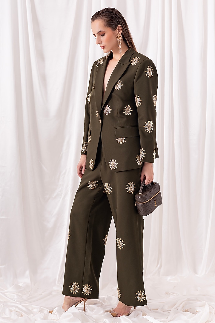 Olive Green Banana Crepe Hand Embroidered Pant Set by PEHR ARORA at Pernia's Pop Up Shop