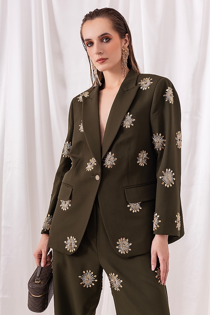 Olive Green Banana Crepe Hand Embroidered Pant Set by PEHR ARORA at Pernia's Pop Up Shop