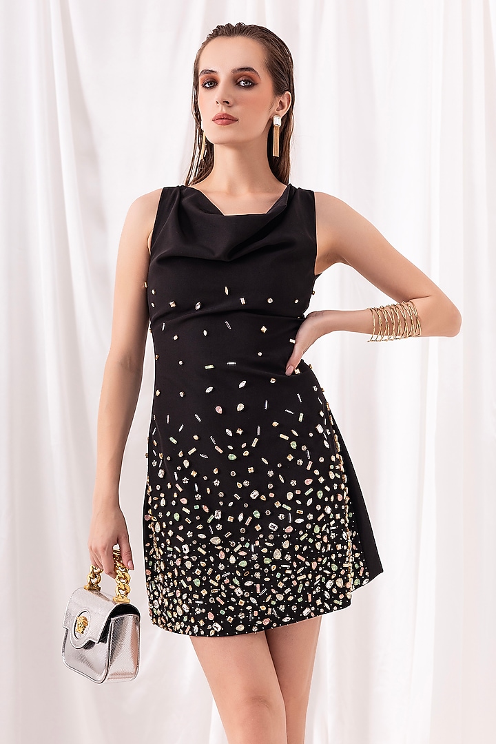 Black Banana Crepe Hand Embroidered Vacation Dress by PEHR ARORA at Pernia's Pop Up Shop