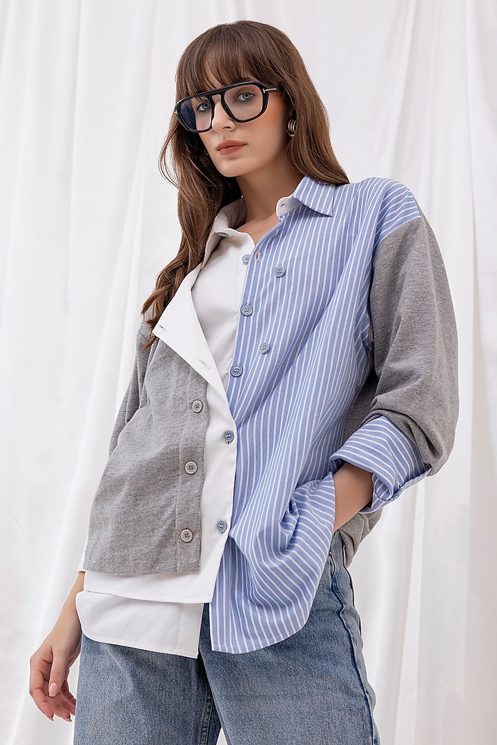 White & Grey Cotton Knit Patchwork Shirt by PEHR ARORA at Pernia's Pop Up Shop
