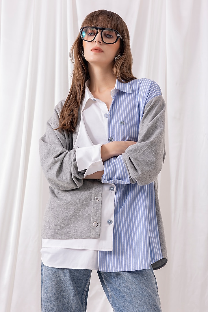 White & Grey Cotton Knit Patchwork Shirt by PEHR ARORA at Pernia's Pop Up Shop