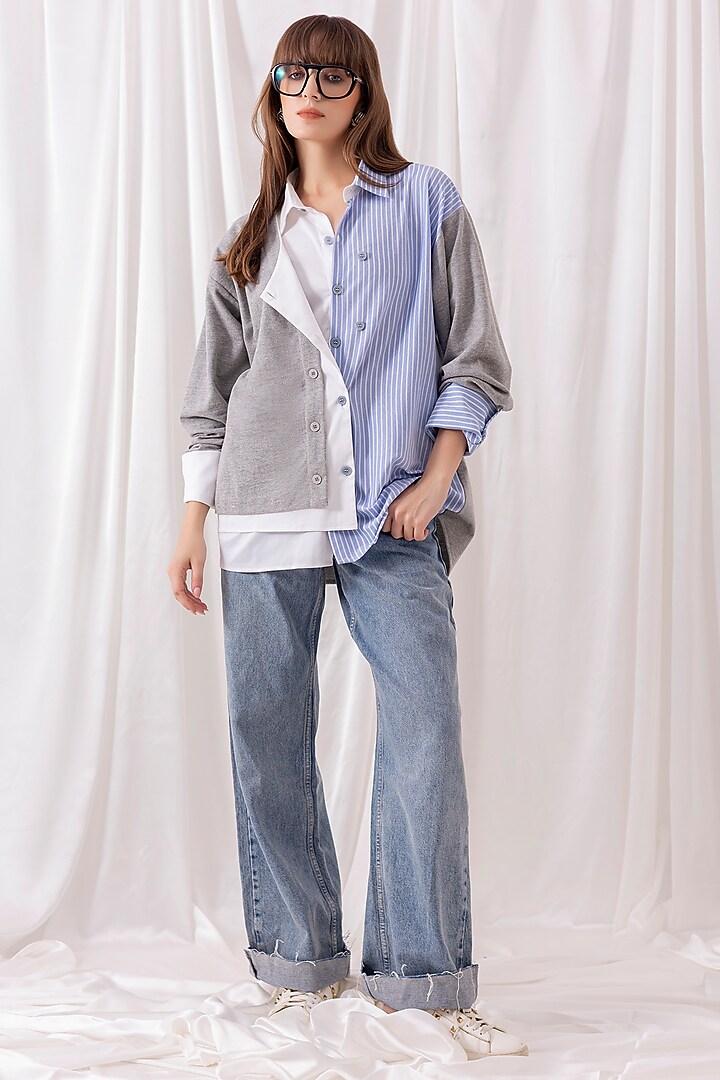 White & Grey Cotton Knit Patchwork Shirt by PEHR ARORA at Pernia's Pop Up Shop