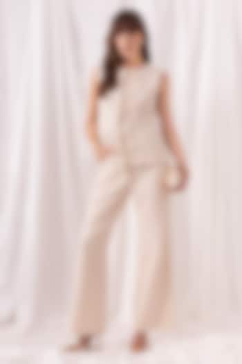 Cream Denim Pearl Embroidered Co-ord Set by PEHR ARORA at Pernia's Pop Up Shop