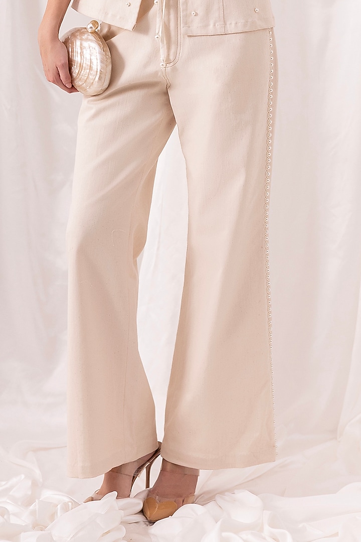 Cream Denim Pearl Embroidered Co-ord Set by PEHR ARORA at Pernia's Pop Up Shop
