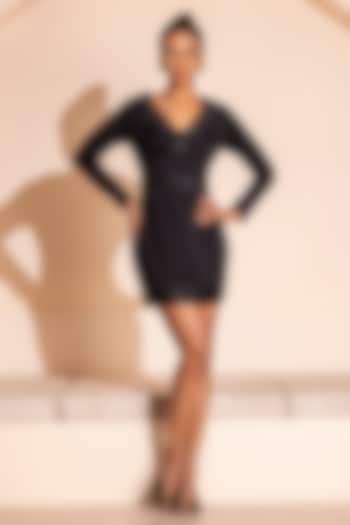 Black Scuba Lycra Hand Embroidered Mini Summer Dress by PEHR ARORA at Pernia's Pop Up Shop