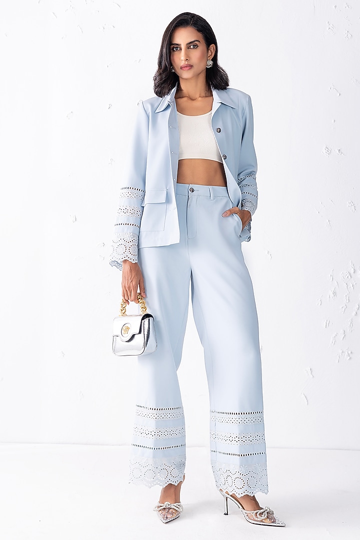 Sky Blue Banana Crepe Jacket Set by PEHR ARORA at Pernia's Pop Up Shop