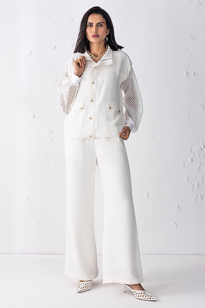 Ivory Banana Crepe & Crochet Jacket Set by PEHR ARORA at Pernia's Pop Up Shop