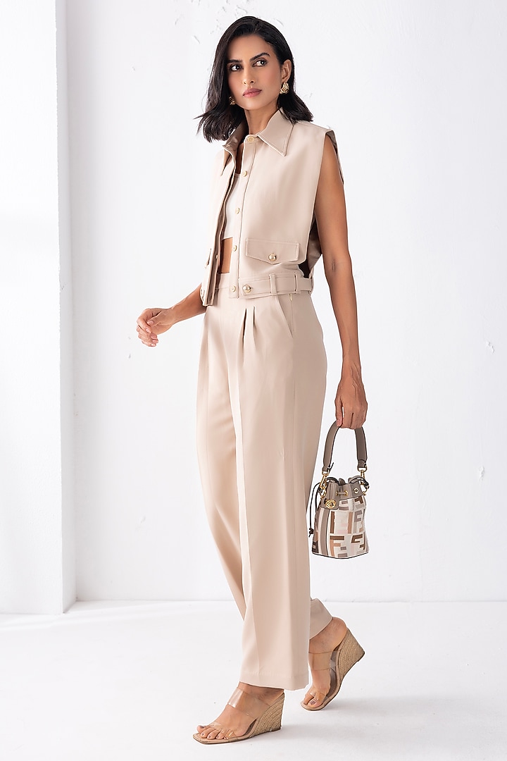 Beige Banana Crepe Shacket Set by PEHR ARORA at Pernia's Pop Up Shop