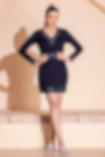 Navy Blue Scuba Lycra Hand Embroidered Mini Summer Dress by PEHR ARORA at Pernia's Pop Up Shop