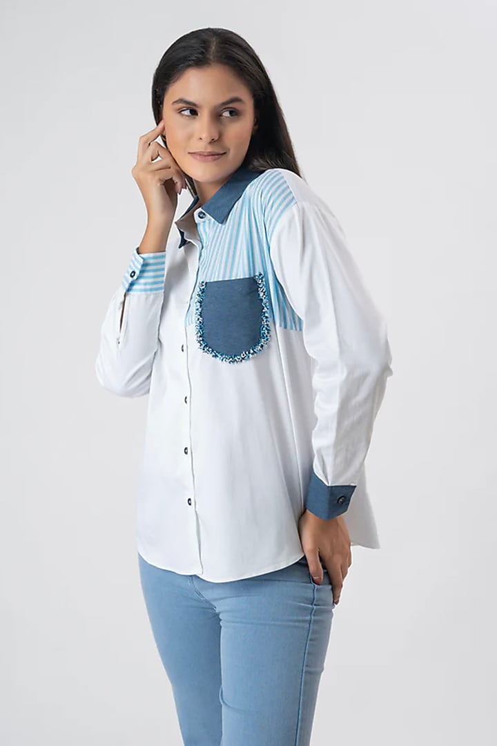 White & Blue Cotton Striped Shirt by PEHR ARORA at Pernia's Pop Up Shop