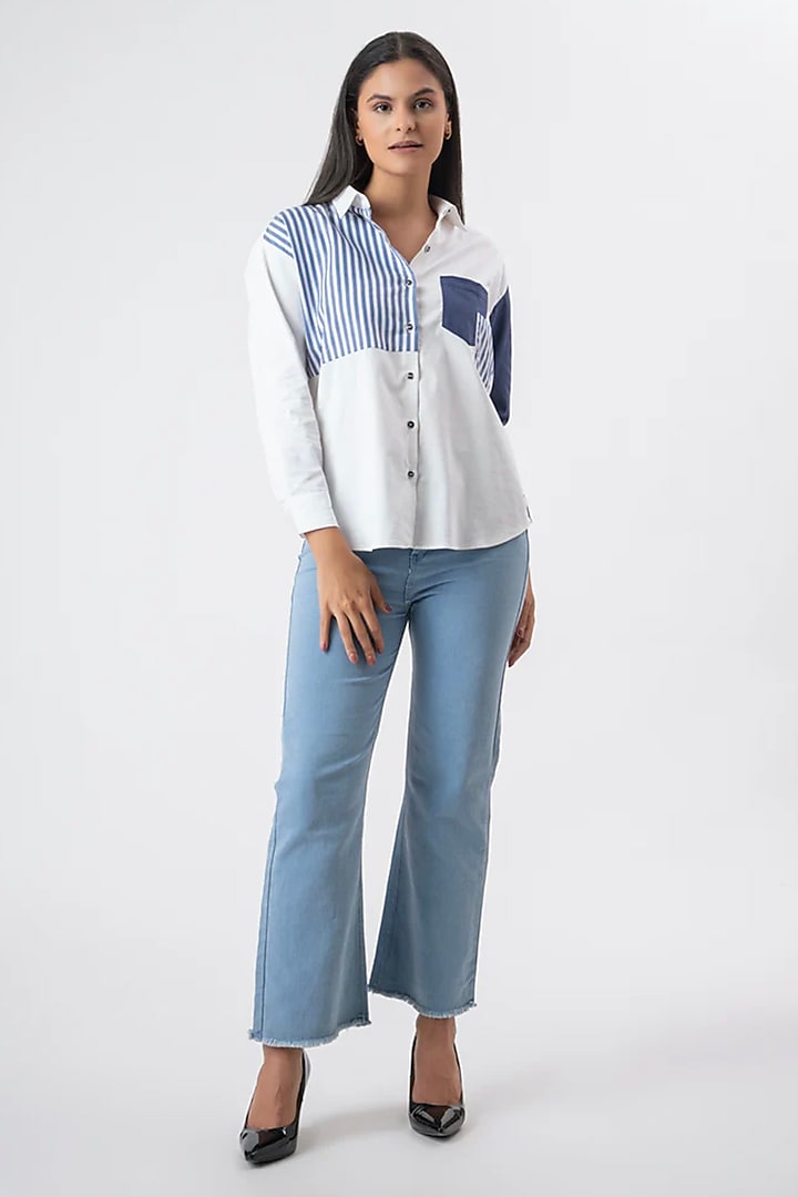 White & Navy Blue Cotton Striped Shirt by PEHR ARORA at Pernia's Pop Up Shop