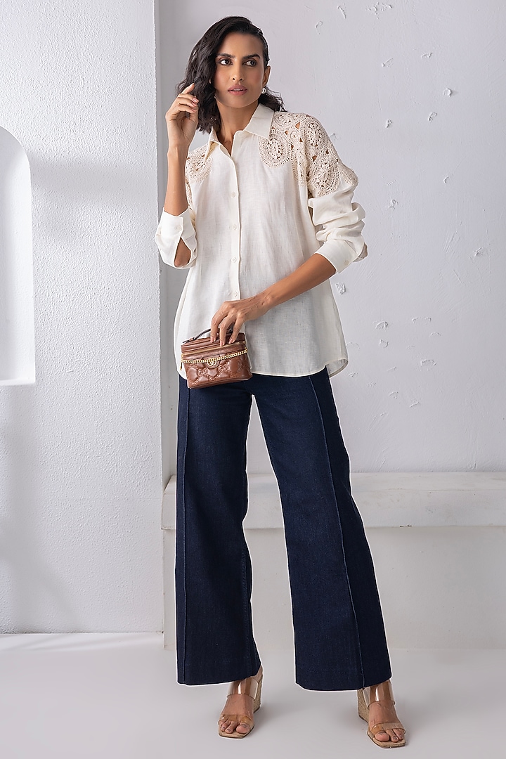Cream Linen Patchwork Shirt by PEHR ARORA at Pernia's Pop Up Shop