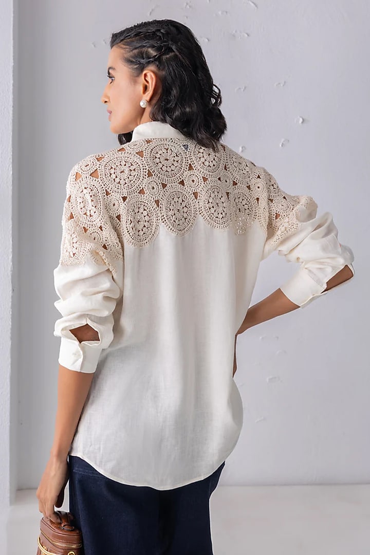 Cream Linen Patchwork Shirt by PEHR ARORA at Pernia's Pop Up Shop
