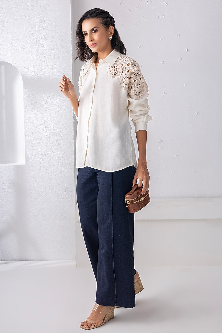 Cream Linen Patchwork Shirt by PEHR ARORA at Pernia's Pop Up Shop