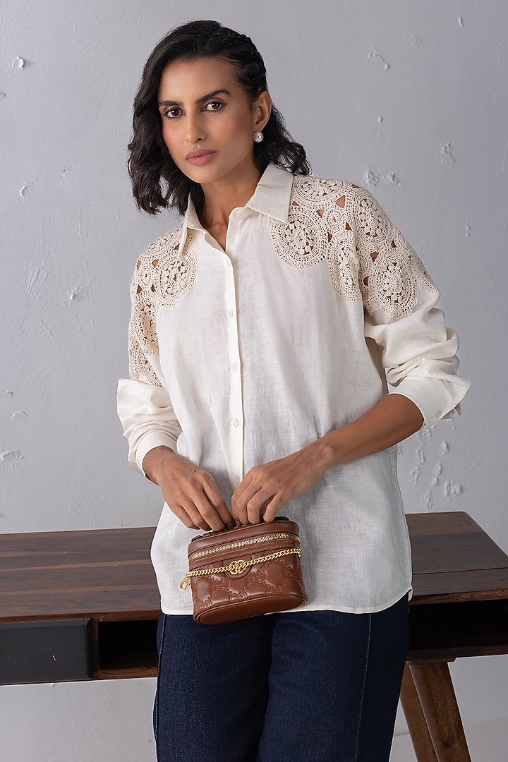 Cream Linen Patchwork Shirt by PEHR ARORA at Pernia's Pop Up Shop