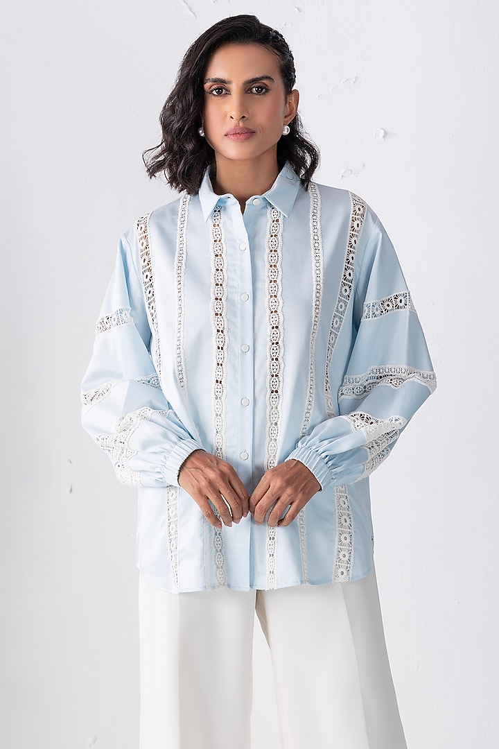 Sky Blue Cotton Patchwork Shirt by PEHR ARORA at Pernia's Pop Up Shop