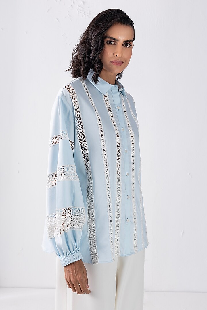 Sky Blue Cotton Patchwork Shirt by PEHR ARORA at Pernia's Pop Up Shop